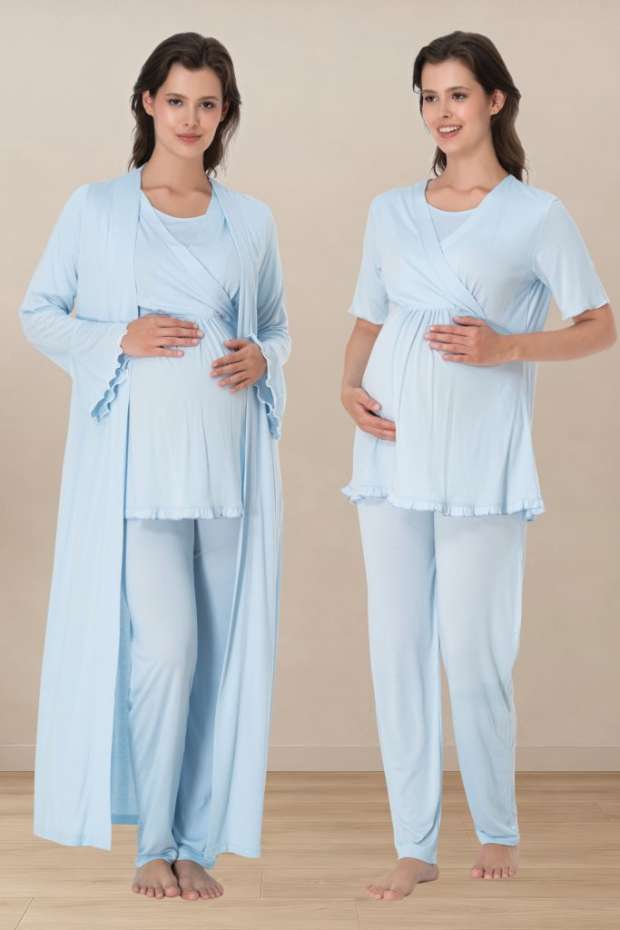 Mavi Hamile Lohusa Sabahlıklı Pijama Takımı