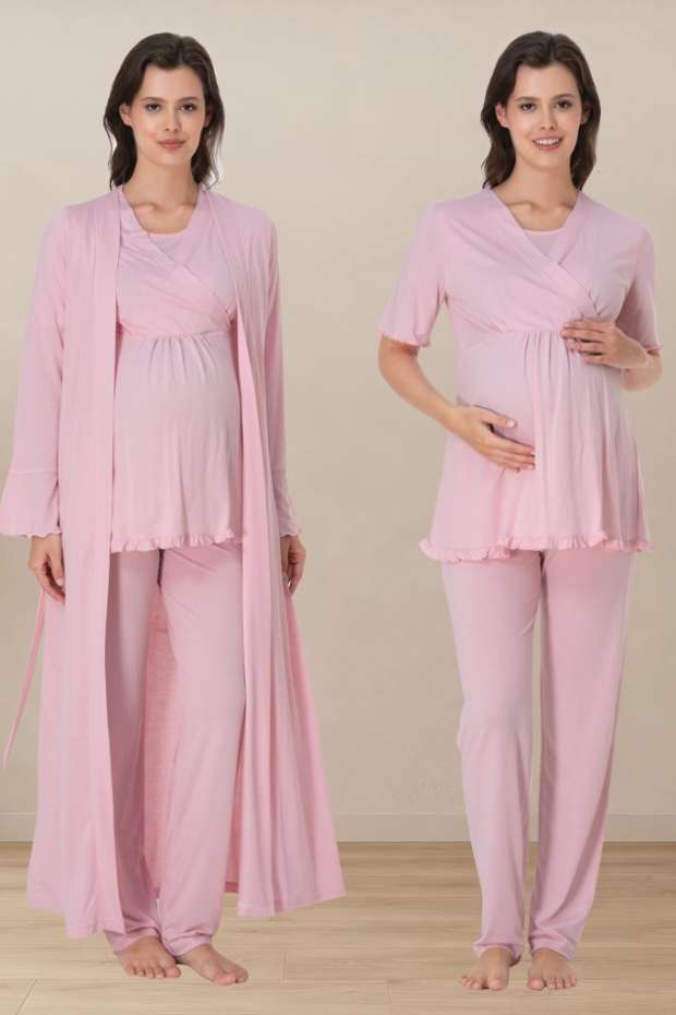 Pembe Hamile Lohusa Sabahlıklı Pijama Takımı