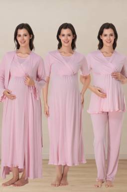 Effortt - Pembe Hamile Lohusa Sabahlıklı Gecelik ve Pijama Takımı