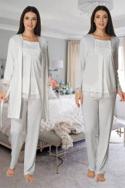 Effortt - Ekru Hamile Lohusa Sabahlıklı Pijama Takımı