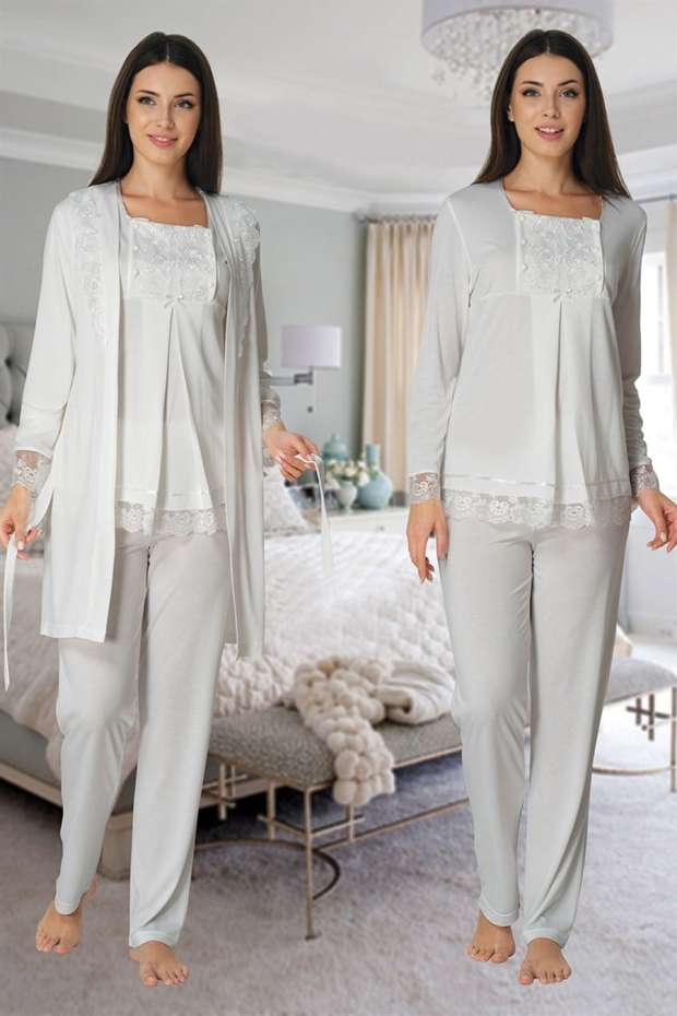 Ekru Hamile Lohusa Sabahlıklı Pijama Takımı