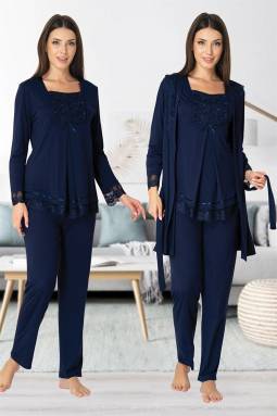 Effortt - Lacivert Hamile Lohusa Sabahlıklı Pijama Takımı