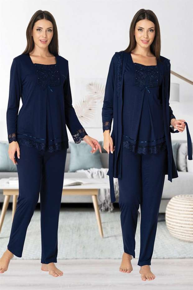 Lacivert Hamile Lohusa Sabahlıklı Pijama Takımı