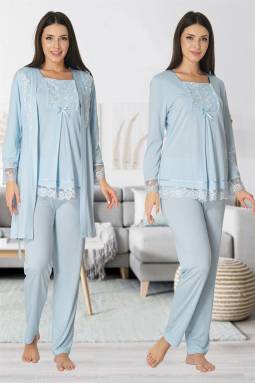Effortt - Mavi Hamile Lohusa Sabahlıklı Pijama Takımı