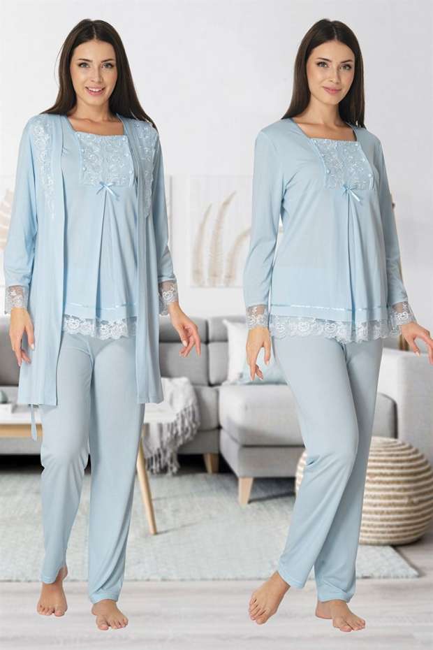 Mavi Hamile Lohusa Sabahlıklı Pijama Takımı