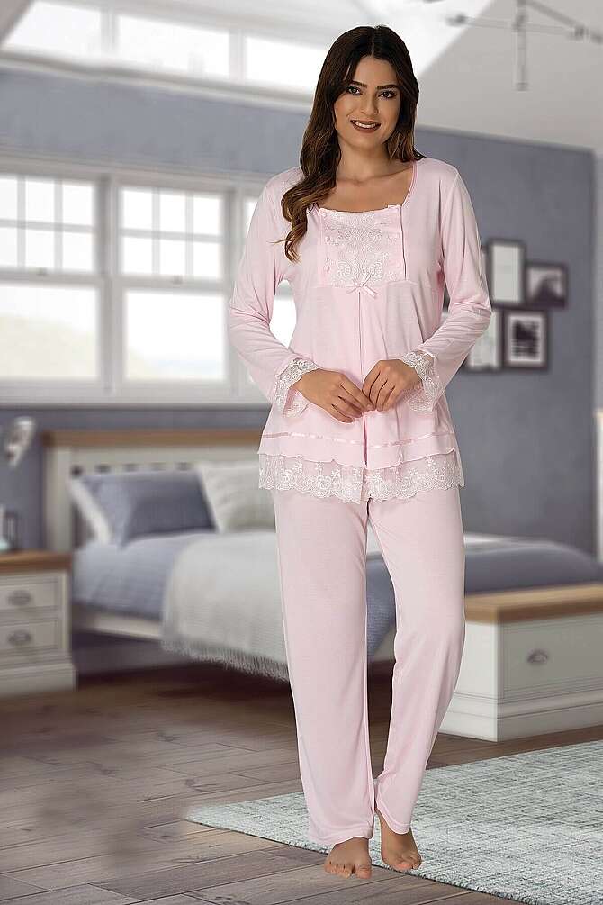 Pembe Hamile Lohusa Ayarlanabilir Bel Pijama Takımı