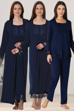 Effortt - Lacivert Hamile Lohusa Sabahlıklı Pijama Gecelik Takımı Lohusa Seti