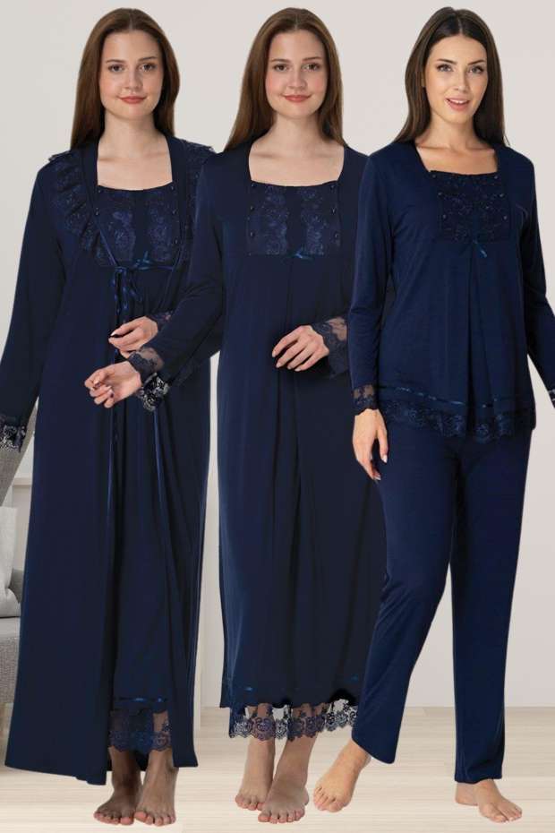 Effortt - Lacivert Hamile Lohusa Sabahlıklı Pijama Gecelik Takımı Lohusa Seti