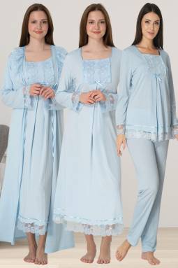 Effortt - Mavi Hamile Lohusa Sabahlıklı Pijama Gecelik Takımı Lohusa Seti