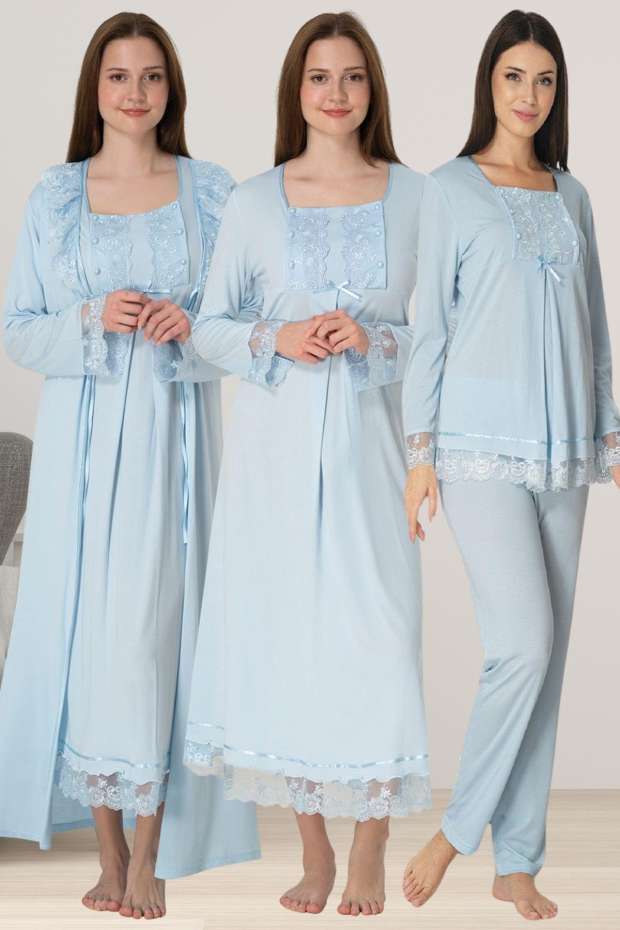 Effortt - Mavi Hamile Lohusa Sabahlıklı Pijama Gecelik Takımı Lohusa Seti