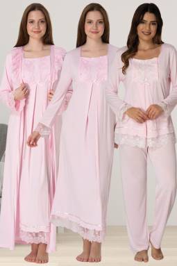 Effortt - Pembe Hamile Lohusa Sabahlıklı Pijama Gecelik Takımı Lohusa Set
