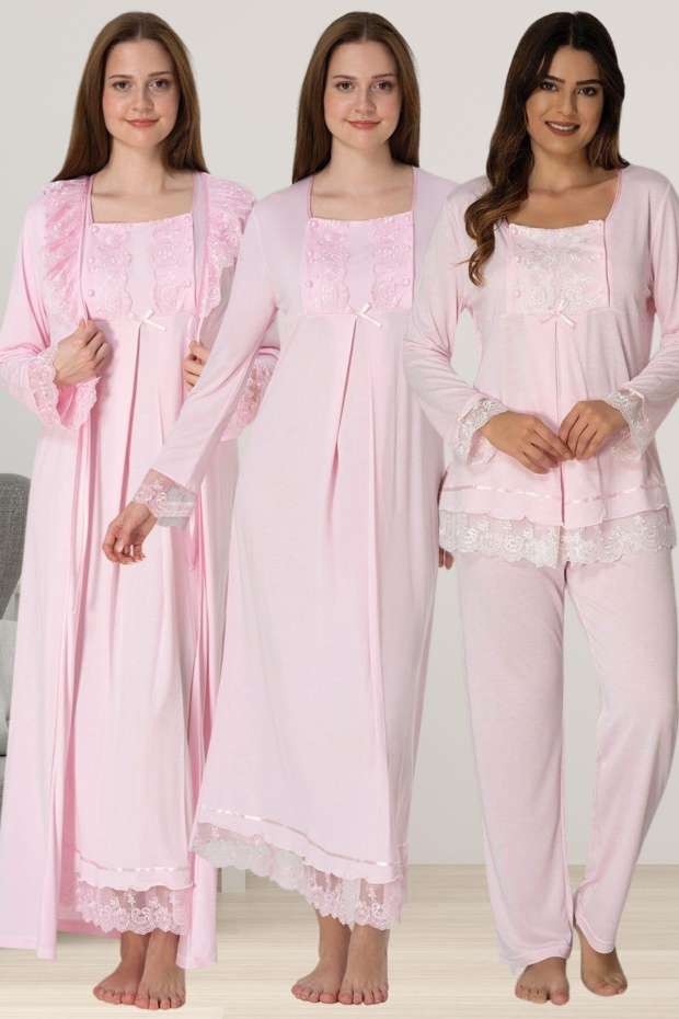 Effortt - Pembe Hamile Lohusa Sabahlıklı Pijama Gecelik Takımı Lohusa Set