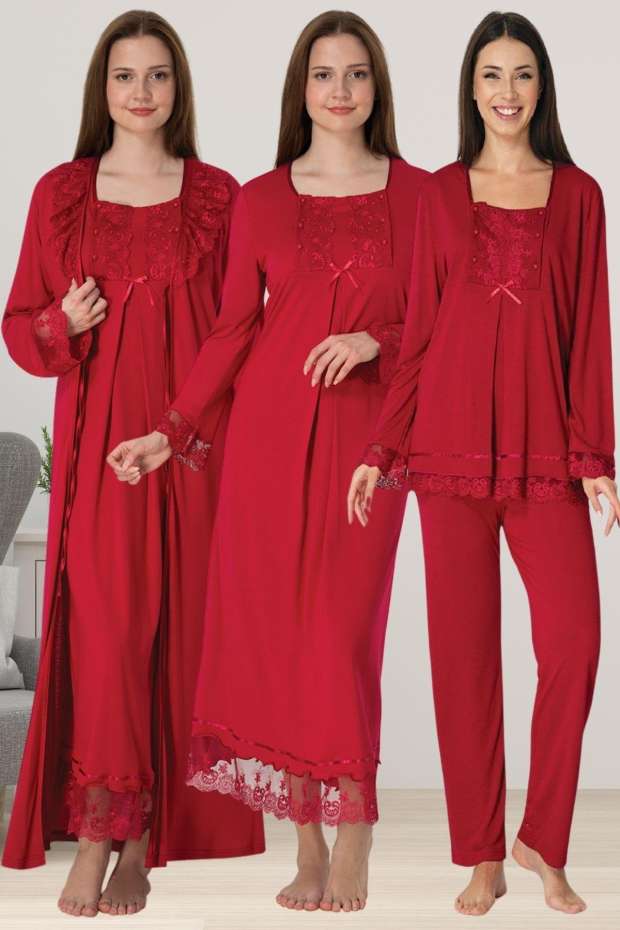 Effortt - Vişne Hamile Lohusa Sabahlıklı Pijama Gecelik Takımı Lohusa Seti