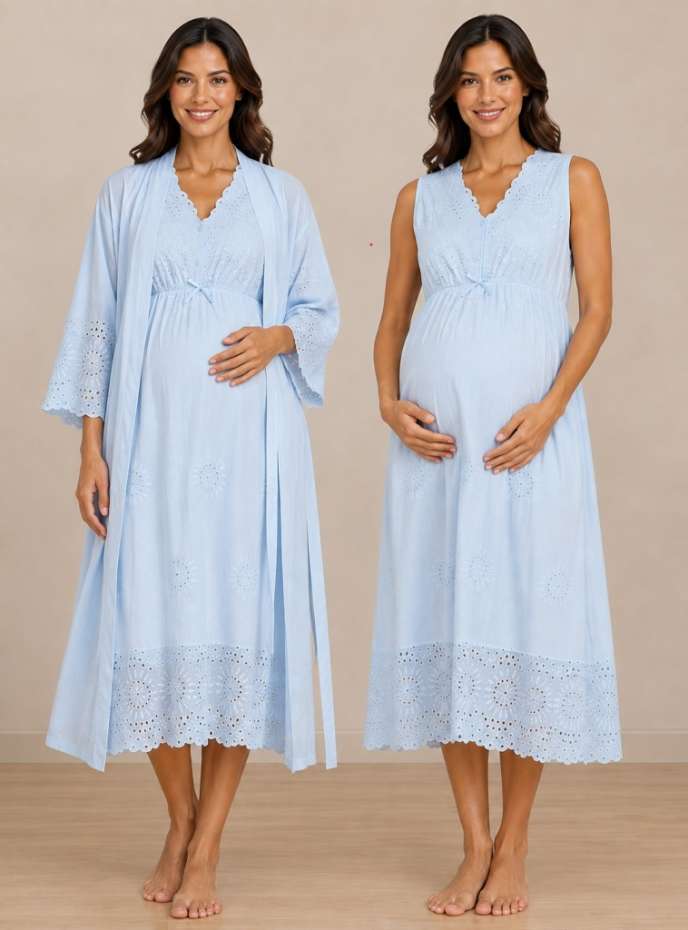 Mavi Fistolu Hamile Lohusa Sabahlıklı Gecelik Takımı