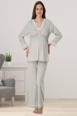 Effortt - Gri Hamile Dantelli Lohusa Pijama Takımı