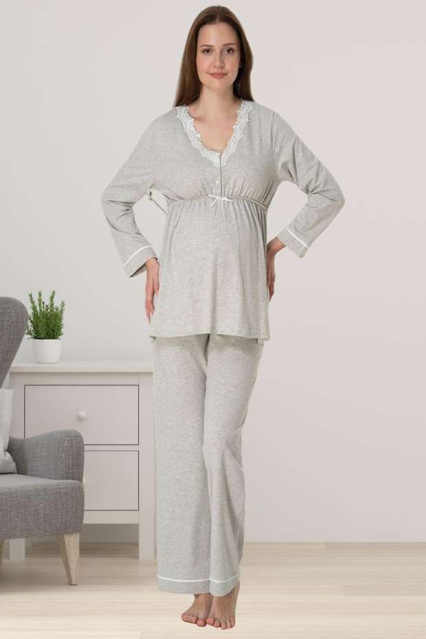 Gri Hamile Dantelli Lohusa Pijama Takımı