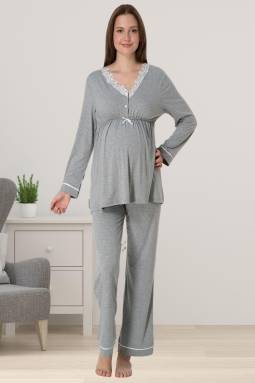 Effortt - Gri Melanj Hamile Dantelli Lohusa Pijama Takımı