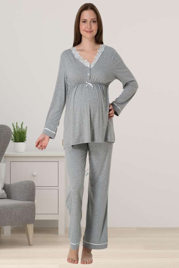 Gri Melanj Hamile Dantelli Lohusa Pijama Takımı