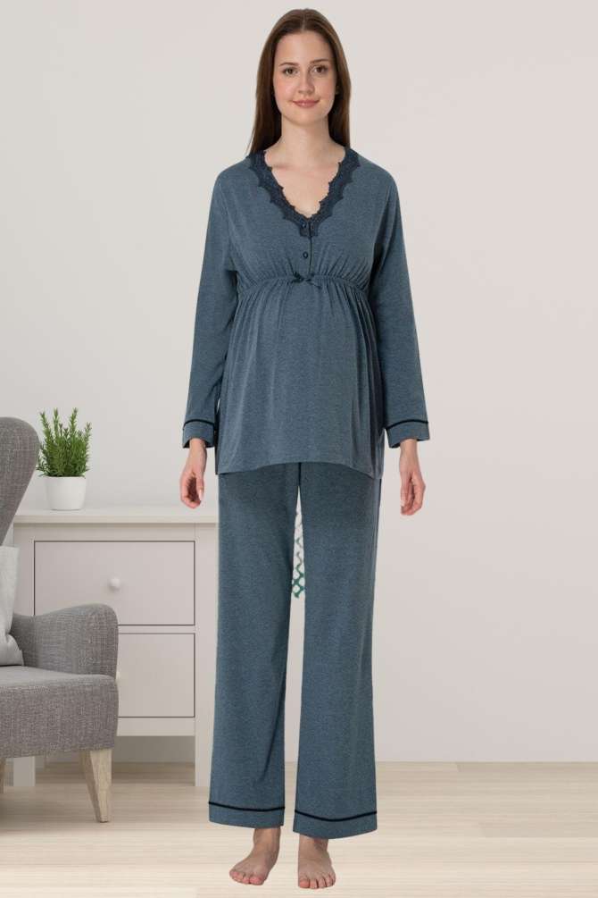 İndigo Hamile Dantelli Lohusa Pijama Takımı