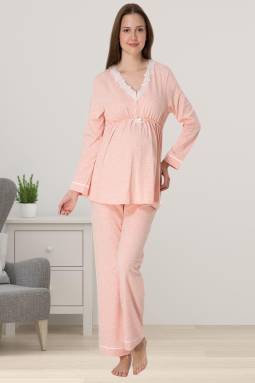 Effortt - Somon Hamile Dantelli Lohusa Pijama Takımı