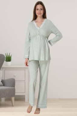 Effortt - Yeşil Hamile Dantelli Lohusa Pijama Takımı