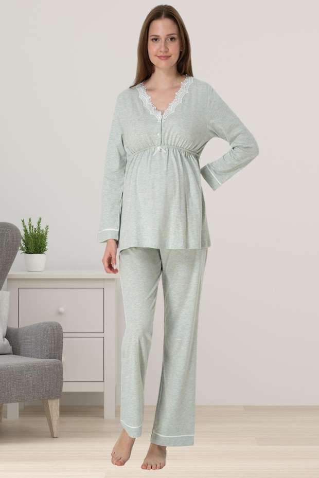 Yeşil Hamile Dantelli Lohusa Pijama Takımı