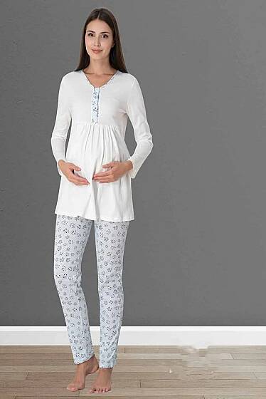 Effortt - Mavi Uzun Kollu Hamile Lohusa Pijama Takımı