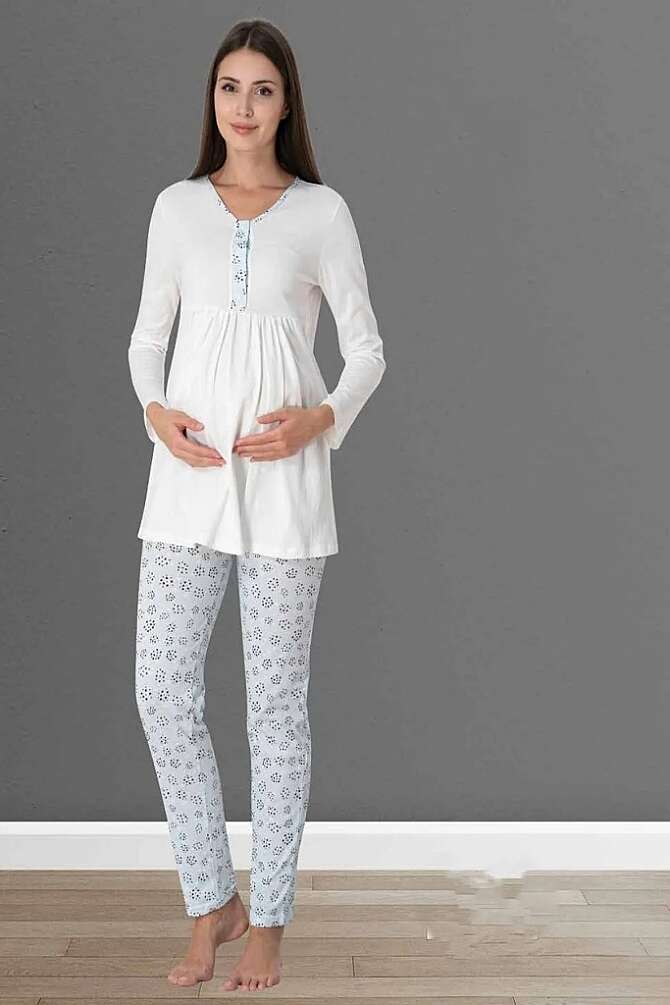 Mavi Uzun Kollu Hamile Lohusa Pijama Takımı