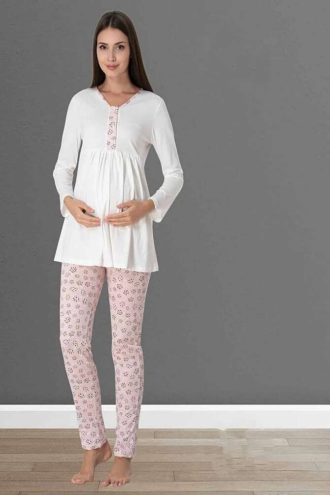 Pembe Uzun Kollu Hamile Lohusa Pijama Takımı