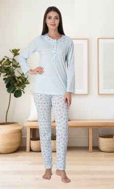 Effortt - Mavi Desenli Uzun Kollu Kadın Pijama Takımı