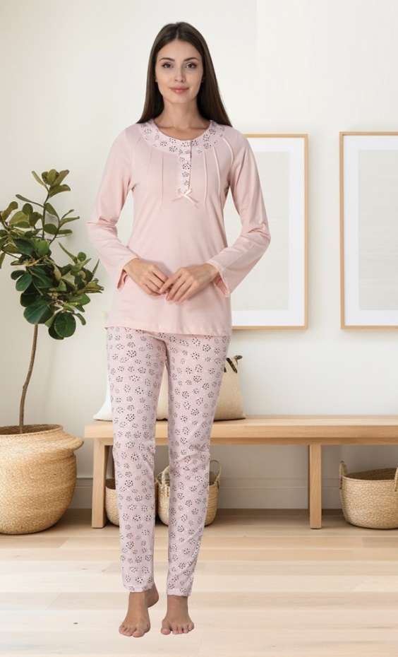 Pembe Desenli Uzun Kollu Kadın Pijama Takımı