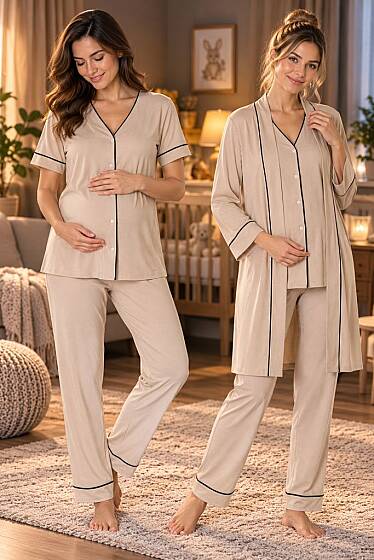 Bej Rahat Kesim Sabahlıklı Hamile Lohusa Pijama Takımı 