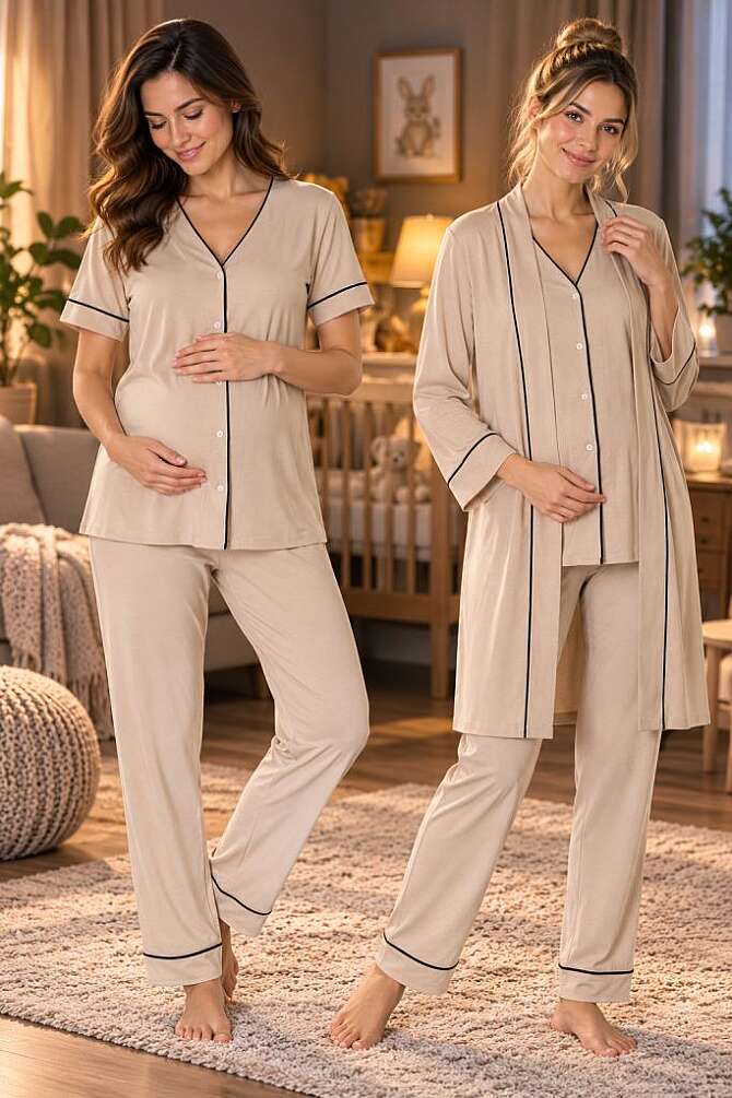 Bej Rahat Kesim Sabahlıklı Hamile Lohusa Pijama Takımı - 1