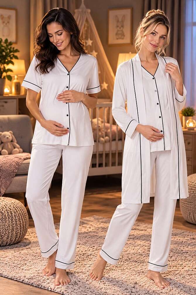 Ekru Rahat Kesim Sabahlıklı Hamile Lohusa Pijama Takımı - 1