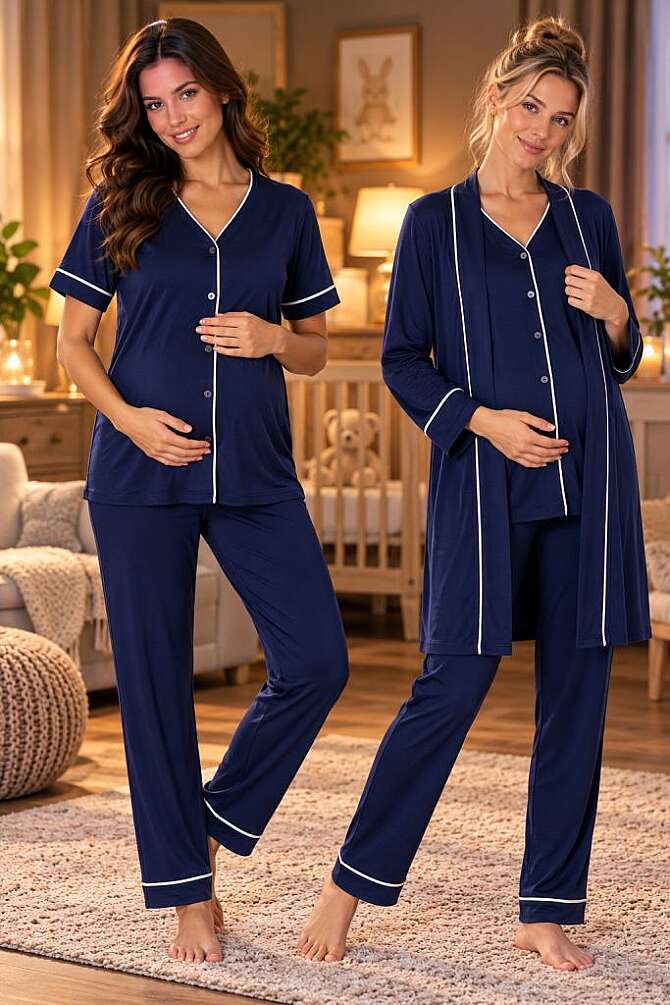 Lacivert Rahat Kesim Sabahlıklı Hamile Lohusa Pijama Takımı - 1