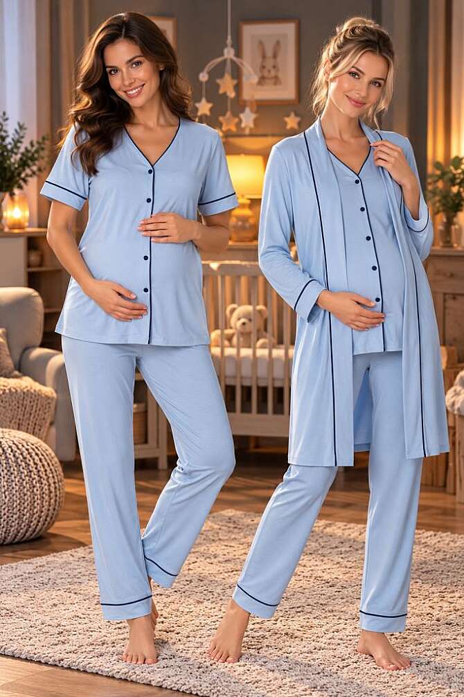 Mavi Rahat Kesim Sabahlıklı Hamile Lohusa Pijama Takımı - 1
