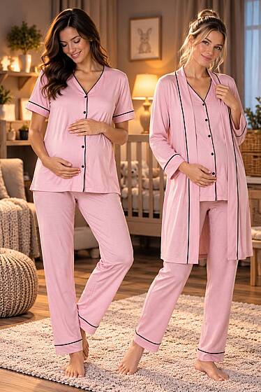 Pembe Rahat Kesim Sabahlıklı Hamile Lohusa Pijama Takımı 