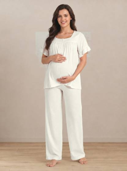 Effortt - Ekru Müslin Kumaş Yumuşak Hamile Lohusa Pijama Takımı