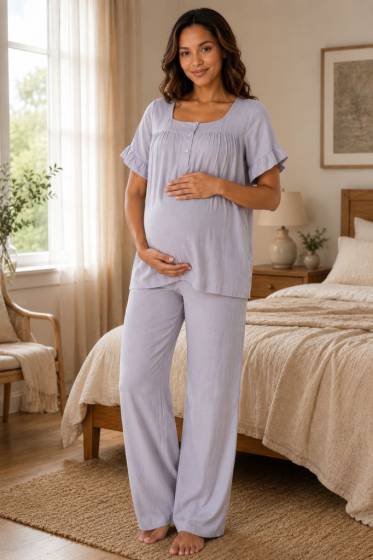 Effortt - Gri Müslin Kumaş Yumuşak Hamile Lohusa Pijama Takımı