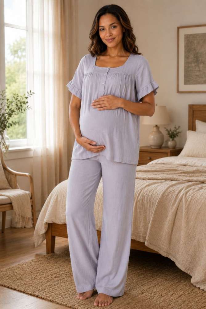 Gri Müslin Kumaş Yumuşak Hamile Lohusa Pijama Takımı