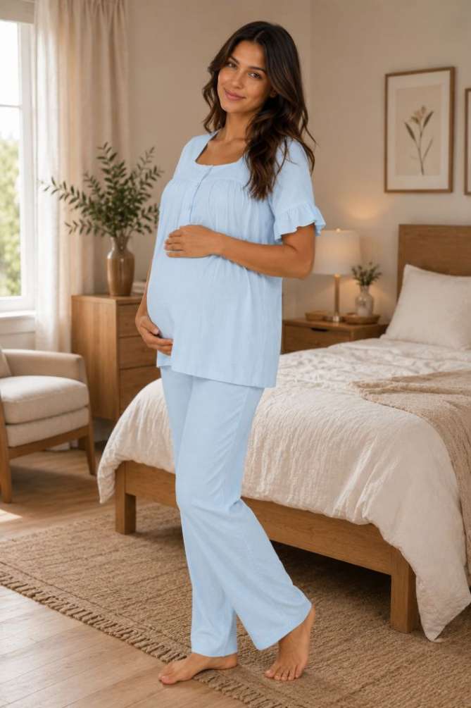 Mavi Müslin Kumaş Yumuşak Hamile Lohusa Pijama Takımı