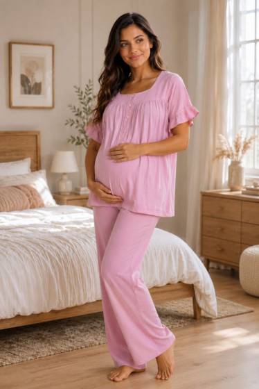 Effortt - Pembe Müslin Kumaş Yumuşak Hamile Lohusa Pijama Takımı