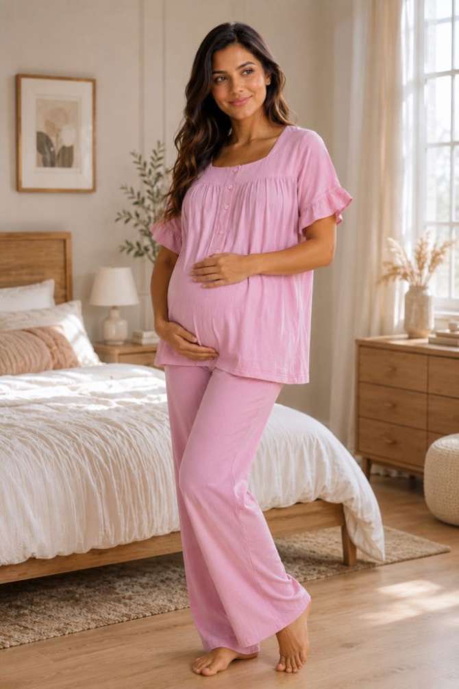 Pembe Müslin Kumaş Yumuşak Hamile Lohusa Pijama Takımı
