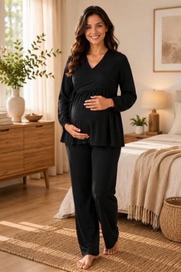Effortt - Siyah Müslin Kumaş Yumuşak Hamile Lohusa Pijama Takımı