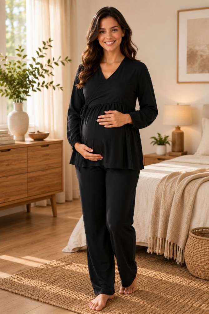 Siyah Müslin Kumaş Yumuşak Hamile Lohusa Pijama Takımı