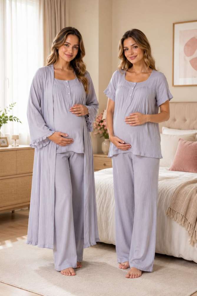 Gri Müslin Kumaş Hamile Lohusa Sabahlıklı Pijama Takımı