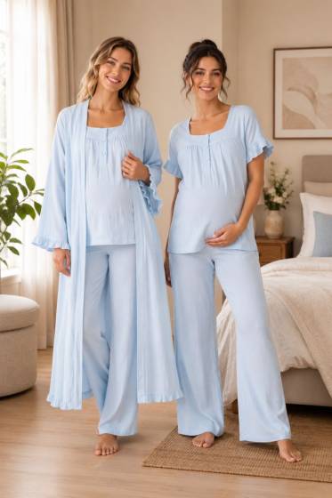 Effortt - Mavi Müslin Kumaş Hamile Lohusa Sabahlıklı Pijama Takımı