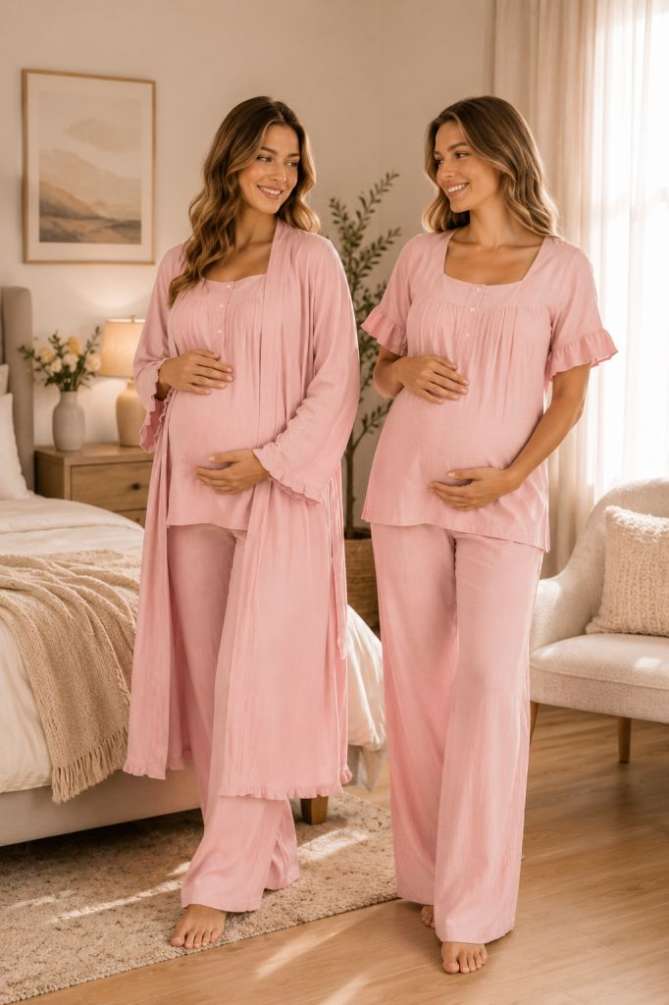 Pembe Müslin Kumaş Hamile Lohusa Sabahlıklı Pijama Takımı