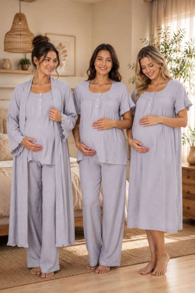 Gri Müslin Kumaş Hamile Lohusa Sabahlıklı Pijama ve Gecelik Takımı - 1