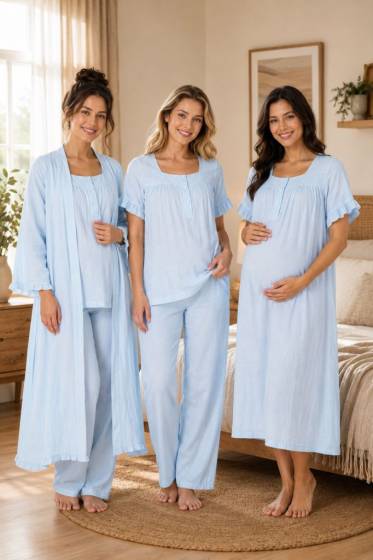 Mavi Müslin Kumaş Hamile Lohusa Sabahlıklı Pijama ve Gecelik Takımı